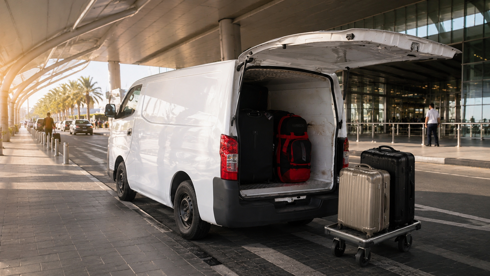 Airport luggage delivery van at terminal curbside